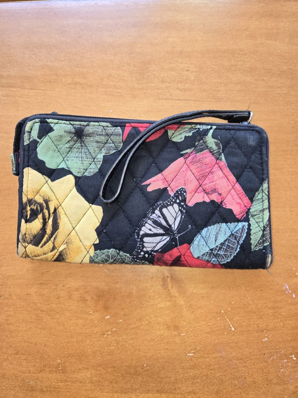Quilted Floral Wristlet Clutch in Black with Multicolor Print